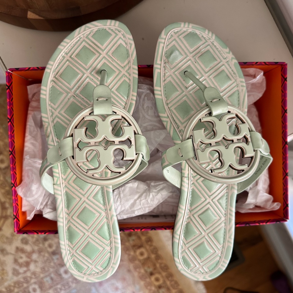 Tory Burch Mint Green Cutout Logo Thong Sandals
